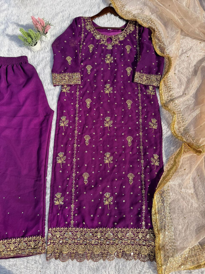 Beautiful Sequence Embroidery Fox Georgette Salwar Suit Ready To wear