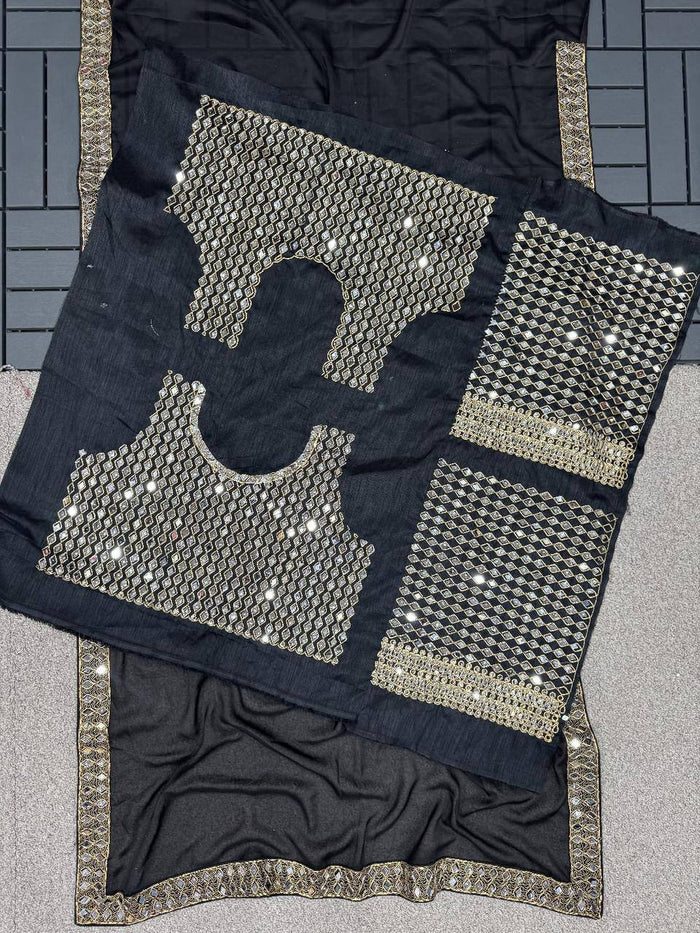 Black Heavy Original Mirror Rangoli Silk Saree