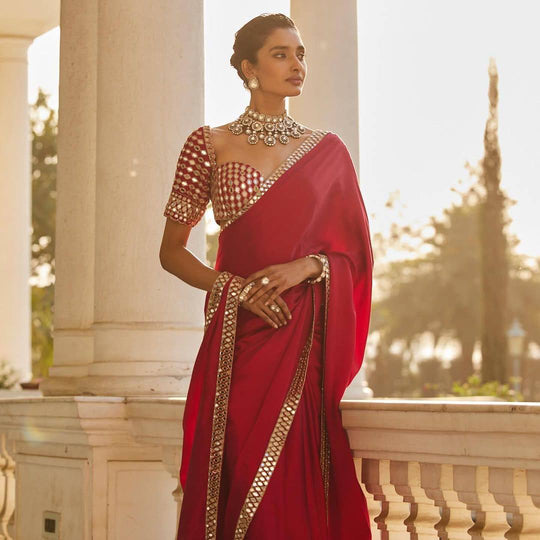 Beautiful Red satin silk With Embroidery Lace and Real Mirror Blouse