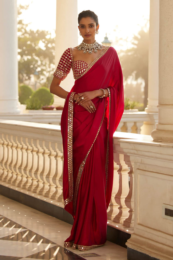 Beautiful Red satin silk With Embroidery Lace and Real Mirror Blouse