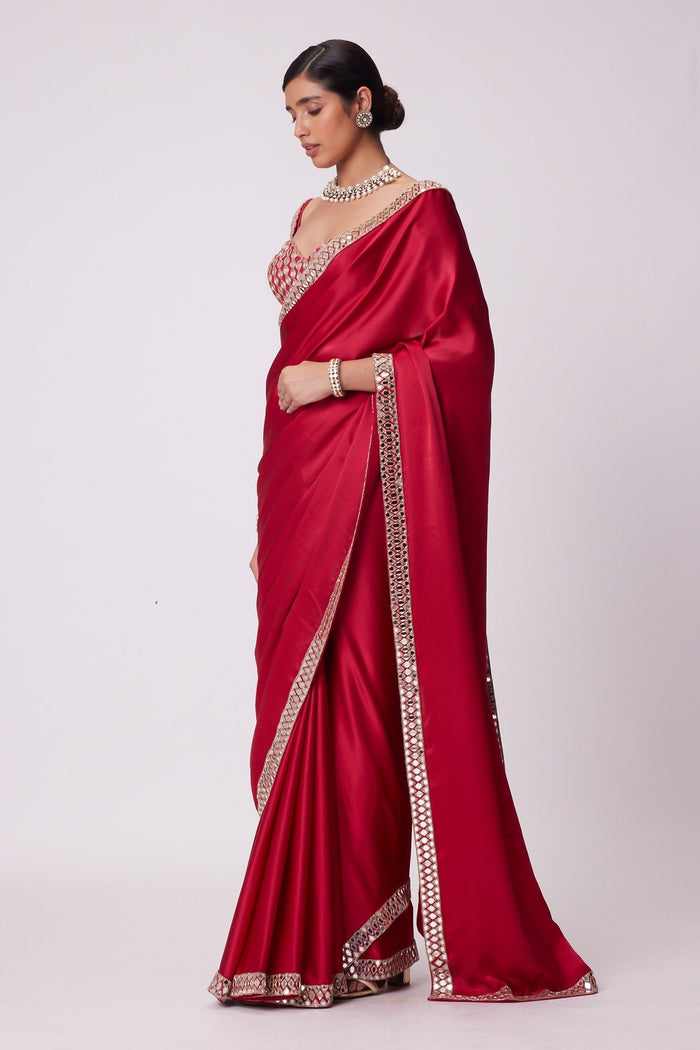 Beautiful Red satin silk With Embroidery Lace and Real Mirror Blouse