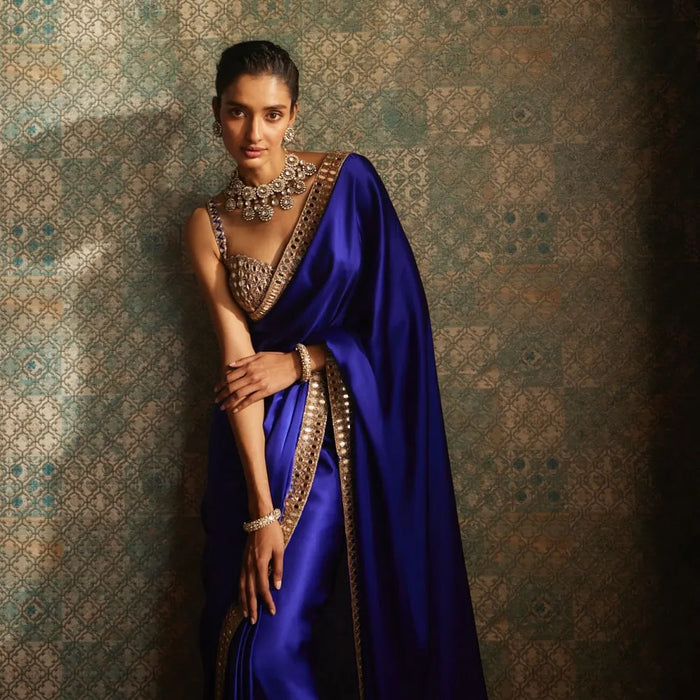 Beautiful Teal Blue Pure satin silk With Embroidery Lace and Real Mirror Blouse
