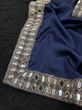 Beautiful Teal Blue Pure satin silk With Embroidery Lace and Real Mirror Blouse