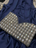 Beautiful Teal Blue Pure satin silk With Embroidery Lace and Real Mirror Blouse