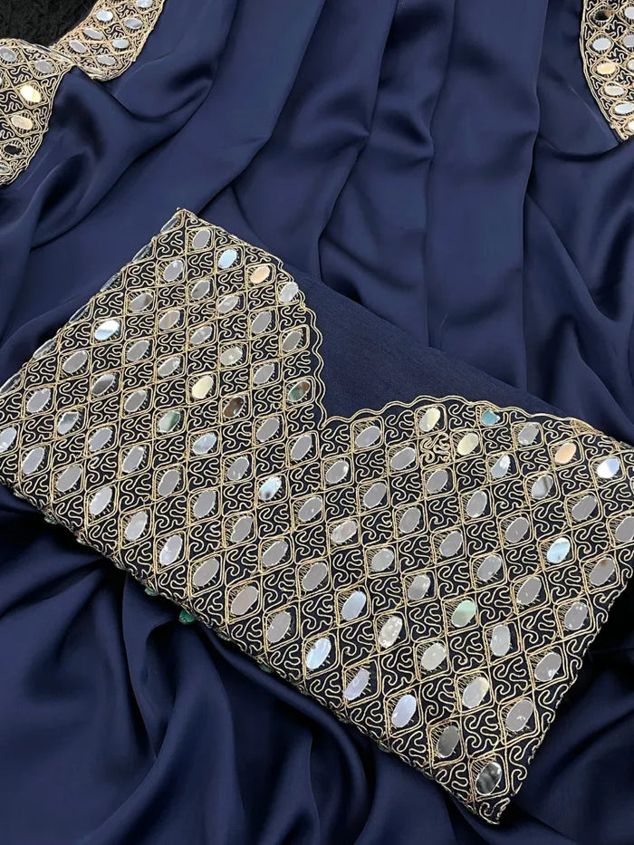 Beautiful Teal Blue Pure satin silk With Embroidery Lace and Real Mirror Blouse