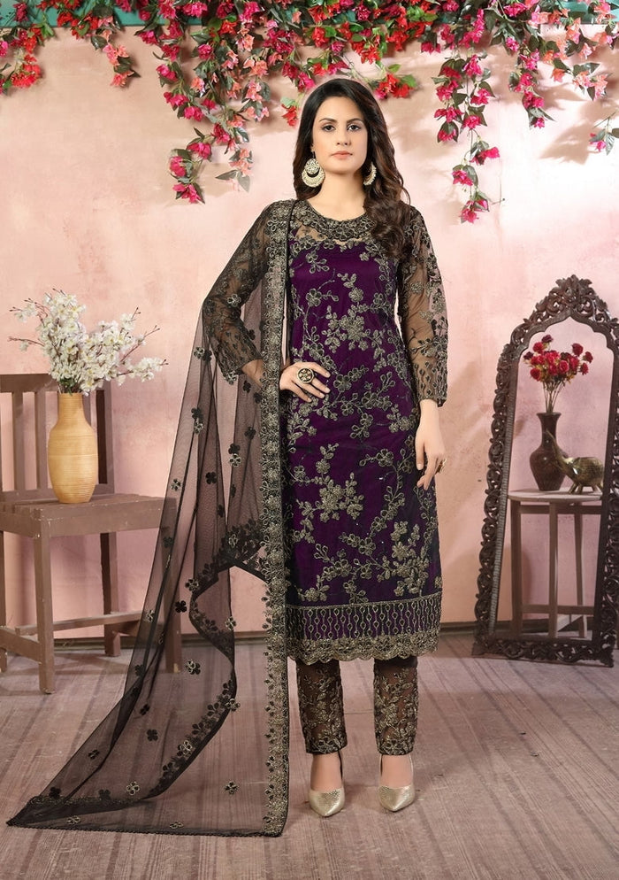Maroon Embroidered Net Kurta Set