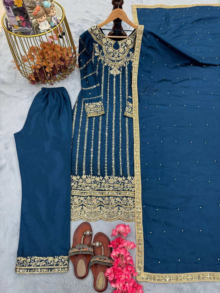 Fashion Cave Pur Chinon Silk Maroon Ready Made Top Palazzo & Dupatta Set,