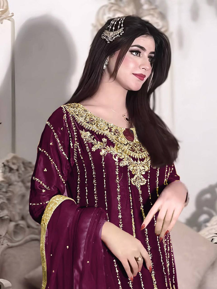 Fashion Cave Pur Chinon Silk Maroon Ready Made Top Palazzo & Dupatta Set,