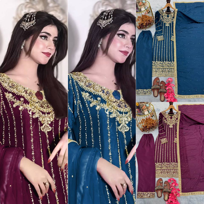 Fashion Cave Pur Chinon Silk Maroon Ready Made Top Palazzo & Dupatta Set,