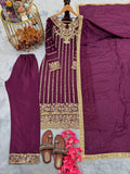 Fashion Cave Pur Chinon Silk Maroon Ready Made Top Palazzo & Dupatta Set,