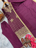 Fashion Cave Pur Chinon Silk Maroon Ready Made Top Palazzo & Dupatta Set,