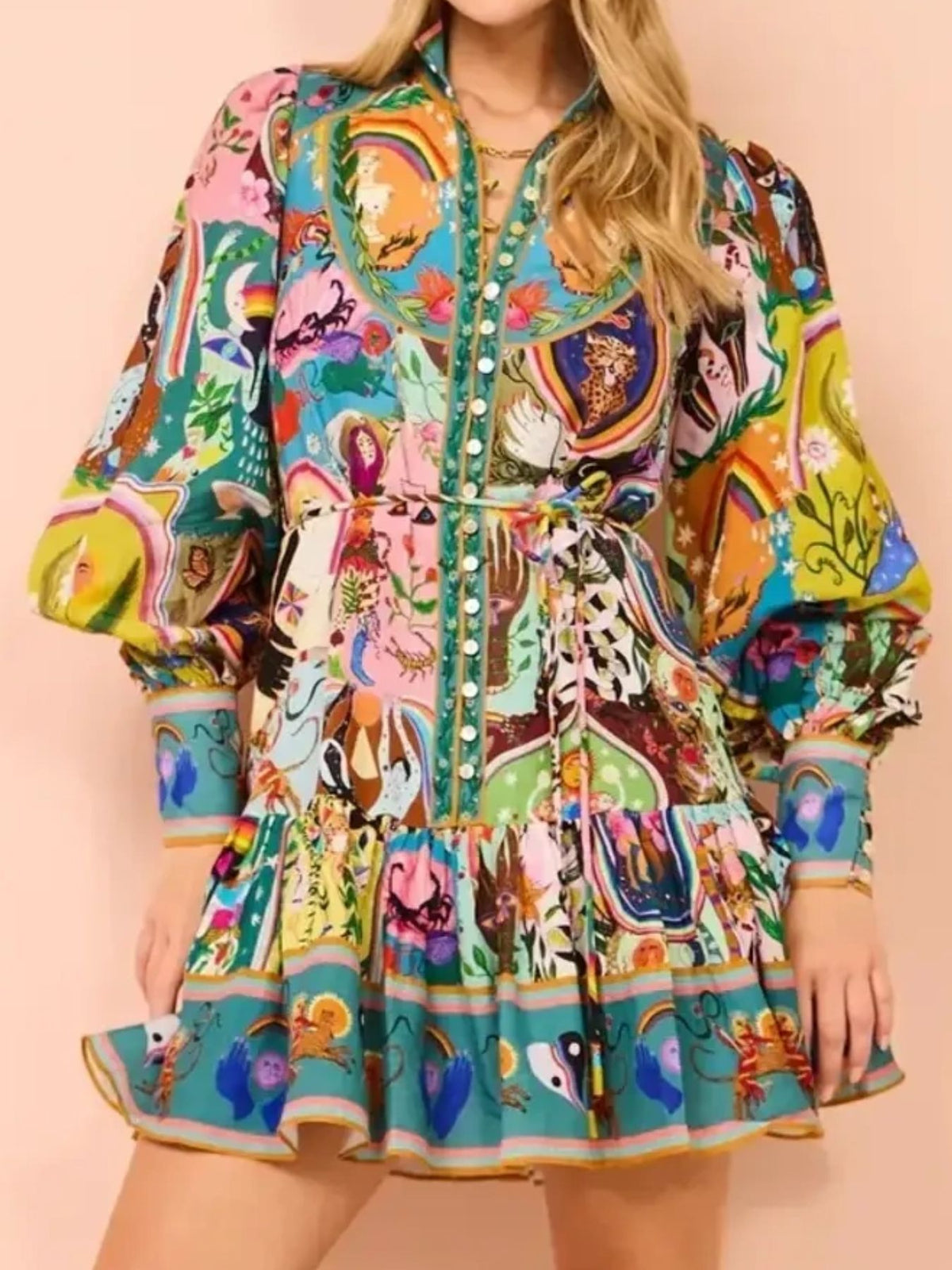 Artistic Print Puff Sleeve Mini Dress | Fashion Cave USA