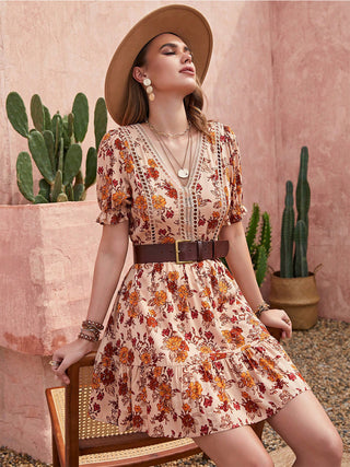 Floral V-Neck Ruffle Hem Mini Dress | Fashion Cave USA