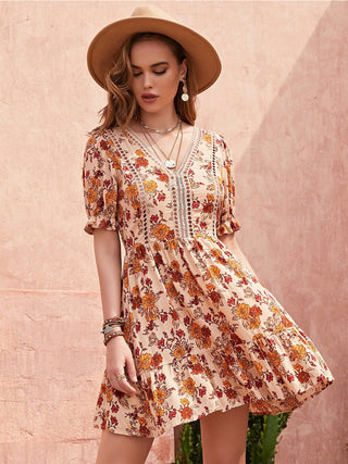 Floral V-Neck Ruffle Hem Mini Dress | Fashion Cave USA