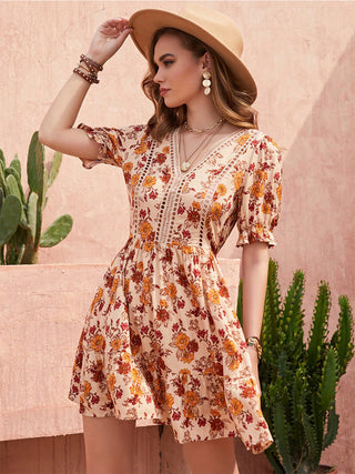 Floral V-Neck Ruffle Hem Mini Dress | Fashion Cave USA