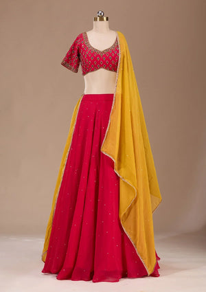 Fashion Cave Red Zardosi Raw Silk Readymade Lehenga