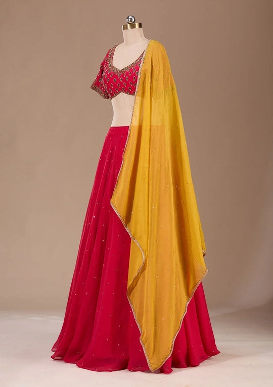 Fashion Cave Red Zardosi Raw Silk Readymade Lehenga