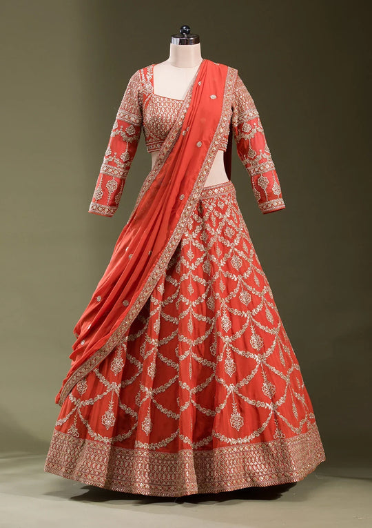 Fashion Cave Rust Zariwork Georgette Readymade Lehenga