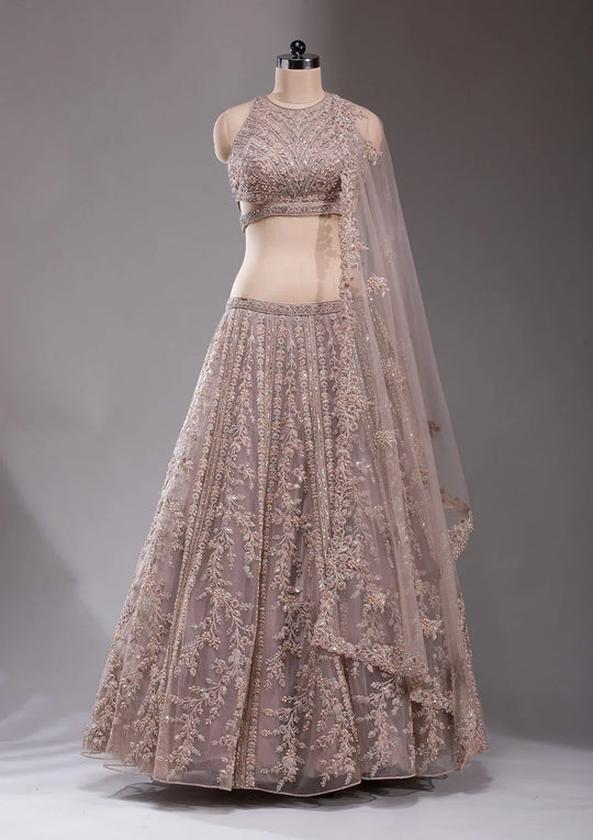 Fashion Cave Beige Cutdana Net Readymade Lehenga