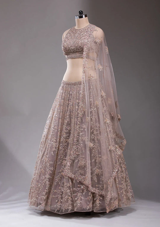 Fashion Cave Beige Cutdana Net Readymade Lehenga