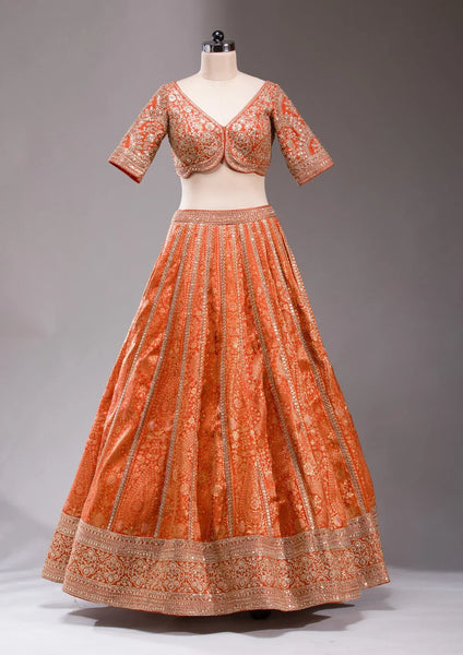 Fashion Cave Orange Cording Banarasi Readymade Lehenga