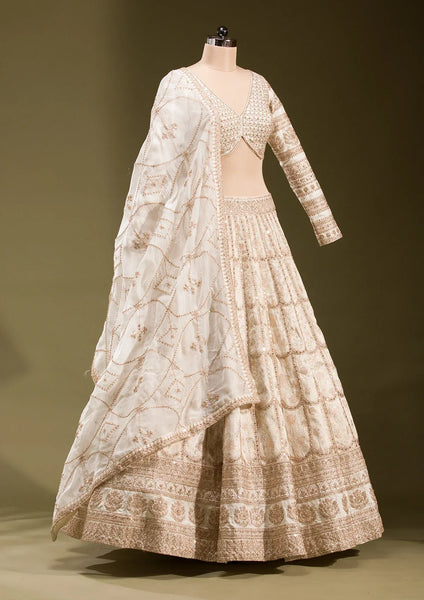 Fashion Cave Off White Cording Banarasi Readymade Lehenga