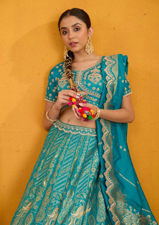 Fashion Cave Turquoise Blue Zariwork Banarasi Readymade Lehenga