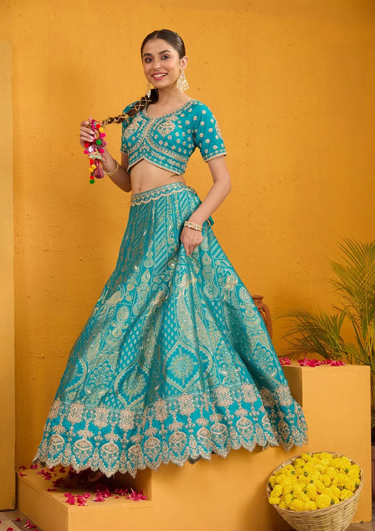 Fashion Cave Turquoise Blue Zariwork Banarasi Readymade Lehenga