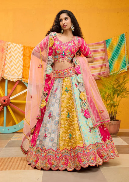Fashion Cave Rani Pink Threadwork Banarasi Readymade Lehenga