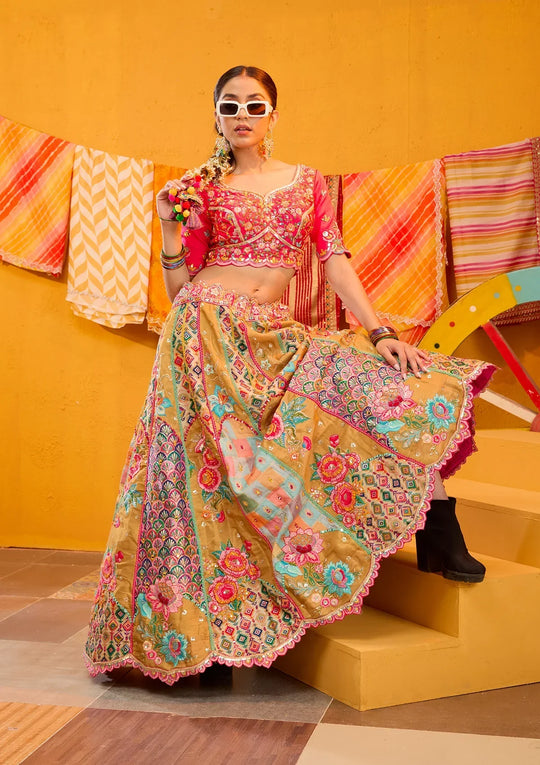 Fashion Cave Rani Pink Threadwork Banarasi Readymade Lehenga