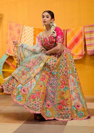Fashion Cave Rani Pink Threadwork Banarasi Readymade Lehenga