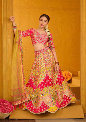 Fashion Cave Rani Pink Threadwork Banarasi Readymade Lehenga