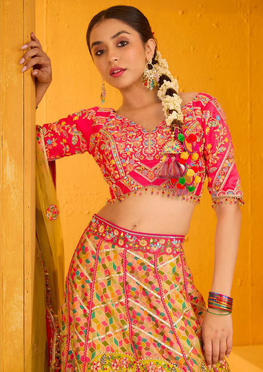 Fashion Cave Rani Pink Threadwork Banarasi Readymade Lehenga
