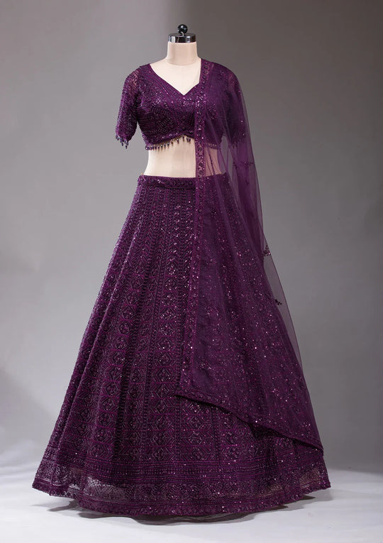 Fashion Cave Wine Cutdana Net Readymade Lehenga