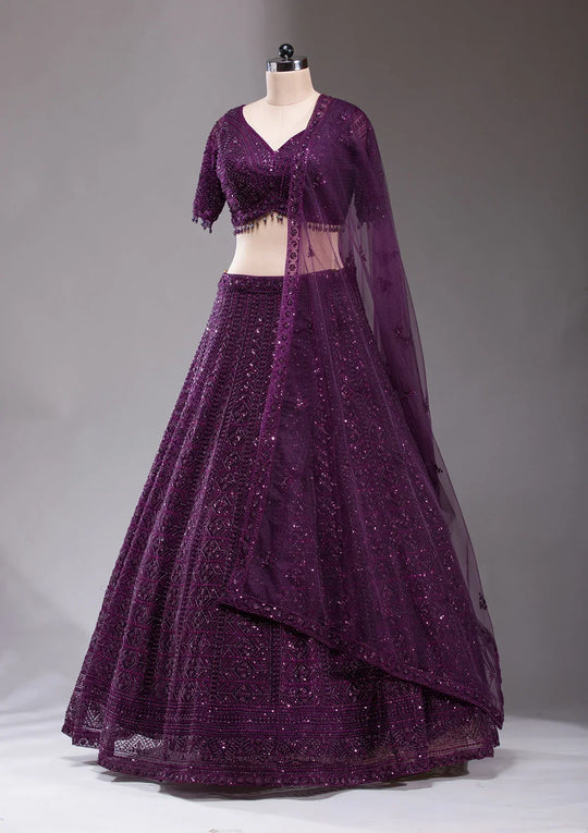 Fashion Cave Wine Cutdana Net Readymade Lehenga