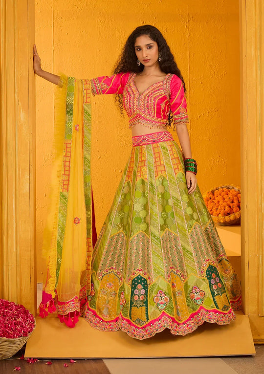 Fashion Cave Parrot Green Zariwork Banarasi Readymade Lehenga