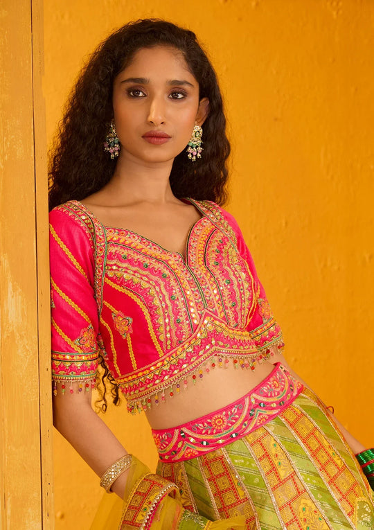 Fashion Cave Parrot Green Zariwork Banarasi Readymade Lehenga