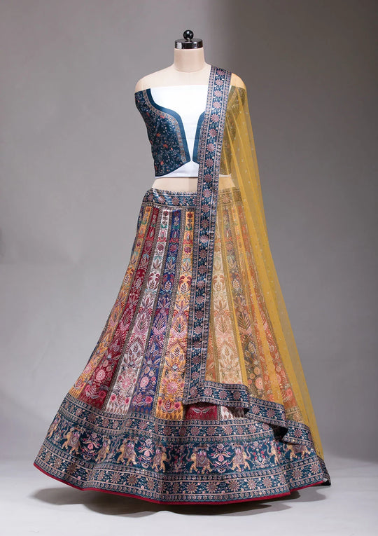 Fashion Cave Navy Blue Swarovski Raw Silk Semi-stitched Lehenga