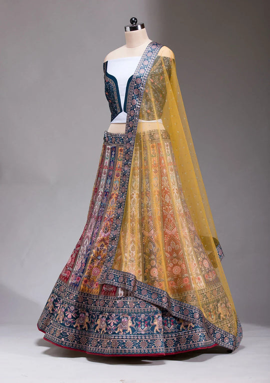 Fashion Cave Navy Blue Swarovski Raw Silk Semi-stitched Lehenga
