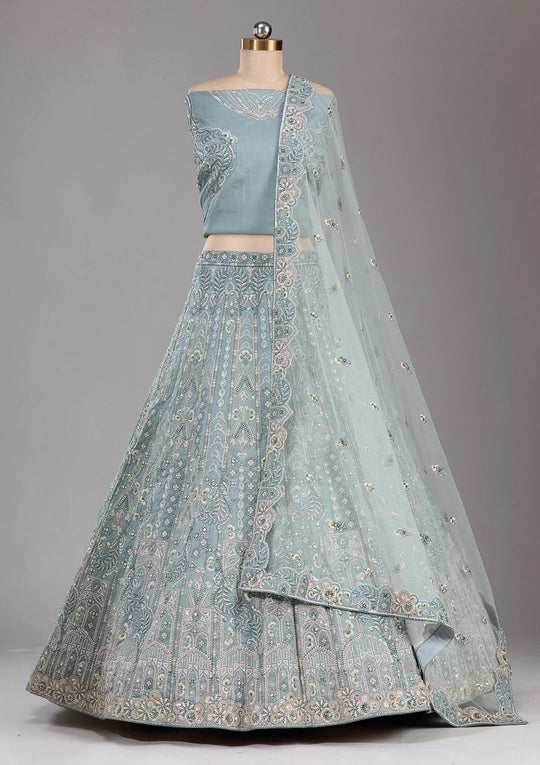 Fashion Cave Sea Green Cording Raw Silk Readymade Lehenga