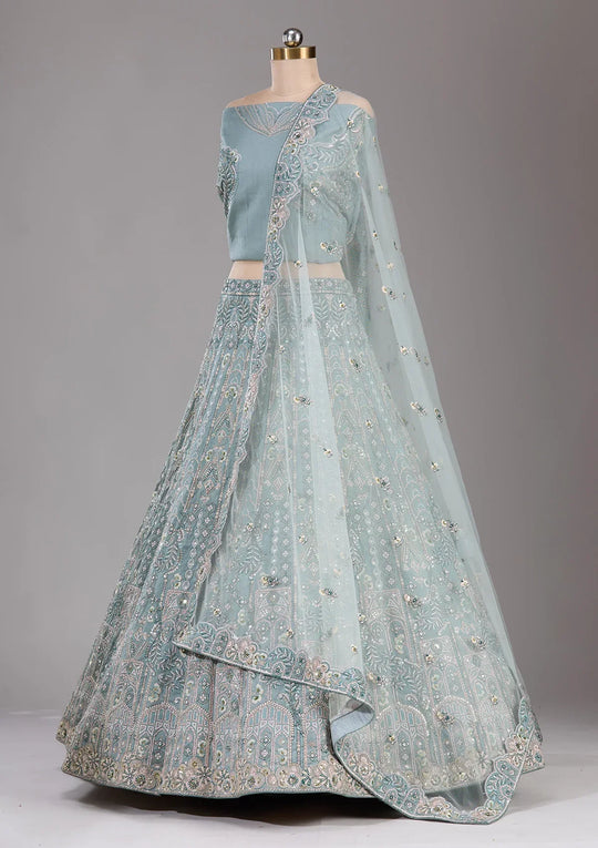 Fashion Cave Sea Green Cording Raw Silk Readymade Lehenga