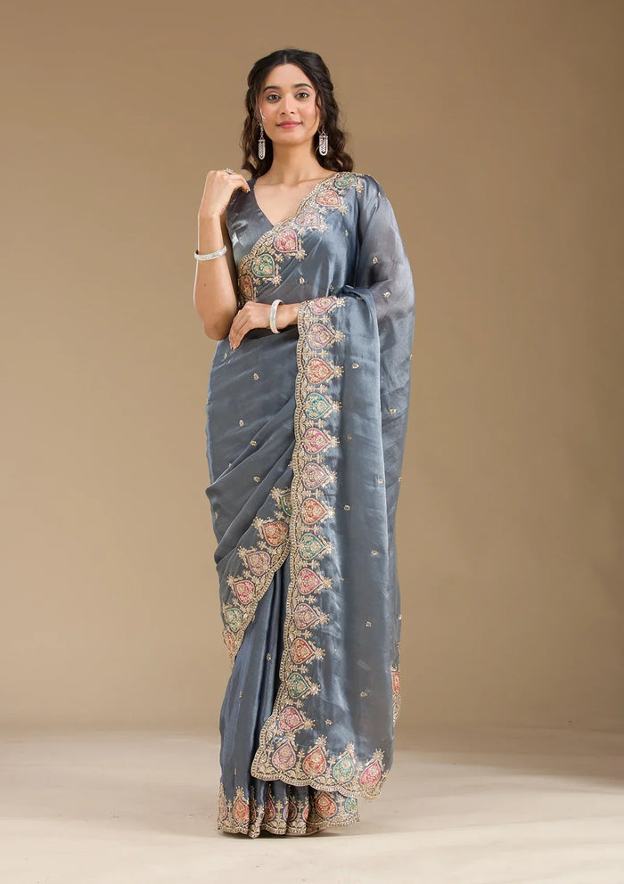 Fashion Cave Grey Zariwork Tissue Saree