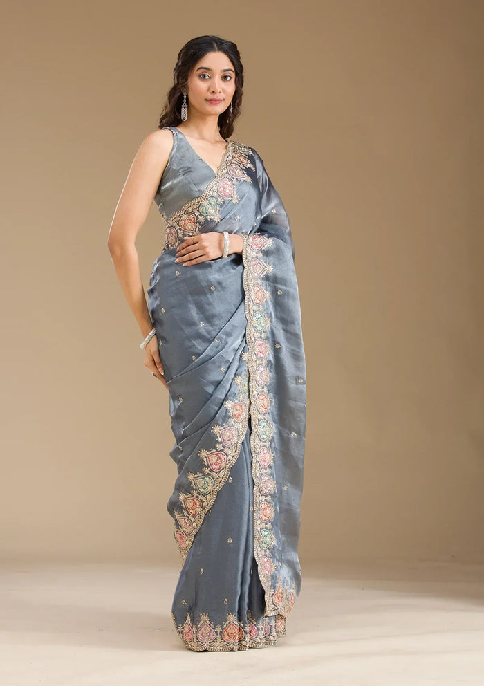 Fashion Cave Grey Zariwork Tissue Saree