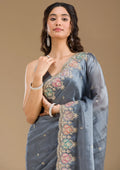 Fashion Cave Grey Zariwork Tissue Saree