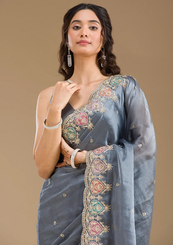 Fashion Cave Grey Zariwork Tissue Saree