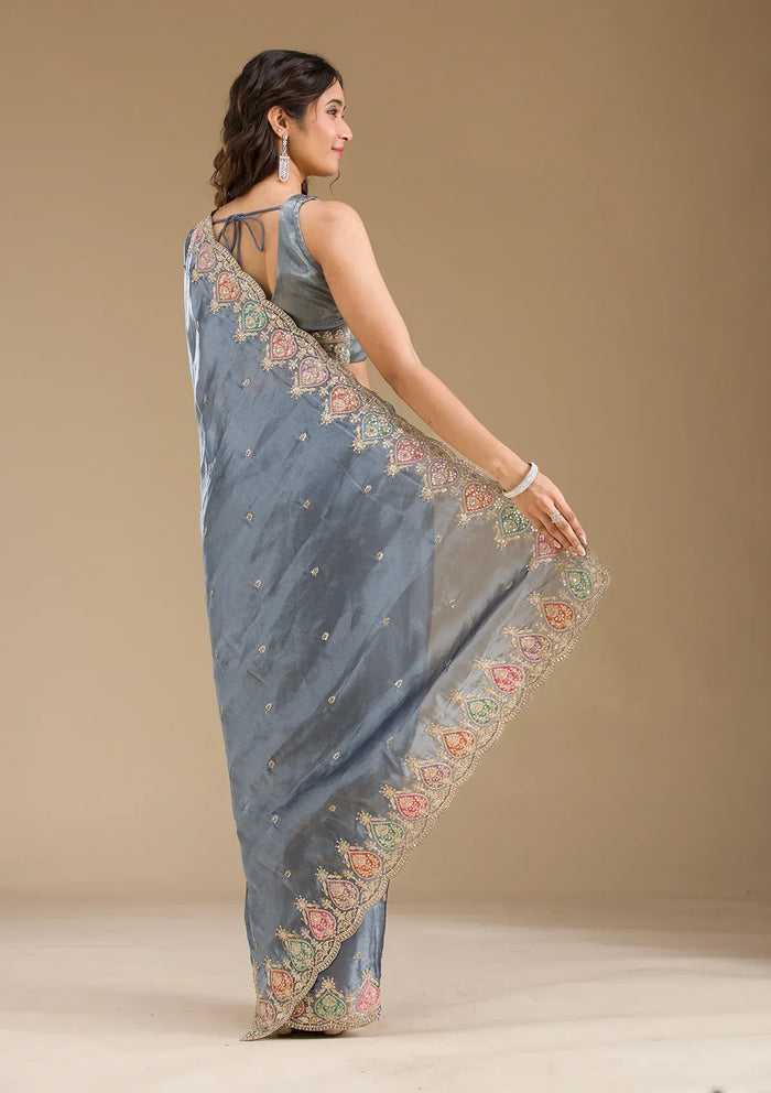 Fashion Cave Grey Zariwork Tissue Saree