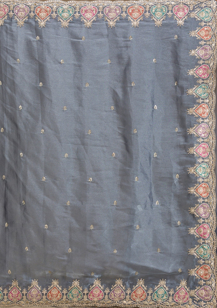 Fashion Cave Grey Zariwork Tissue Saree