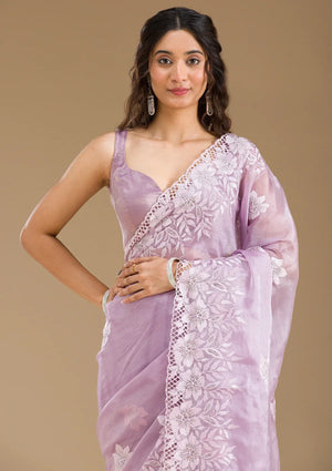 Fashion Cave Lavender Stonework Tissue Saree
