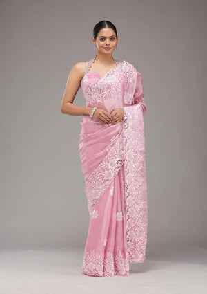 Fashion Cave Pink Stonework Tissue Saree