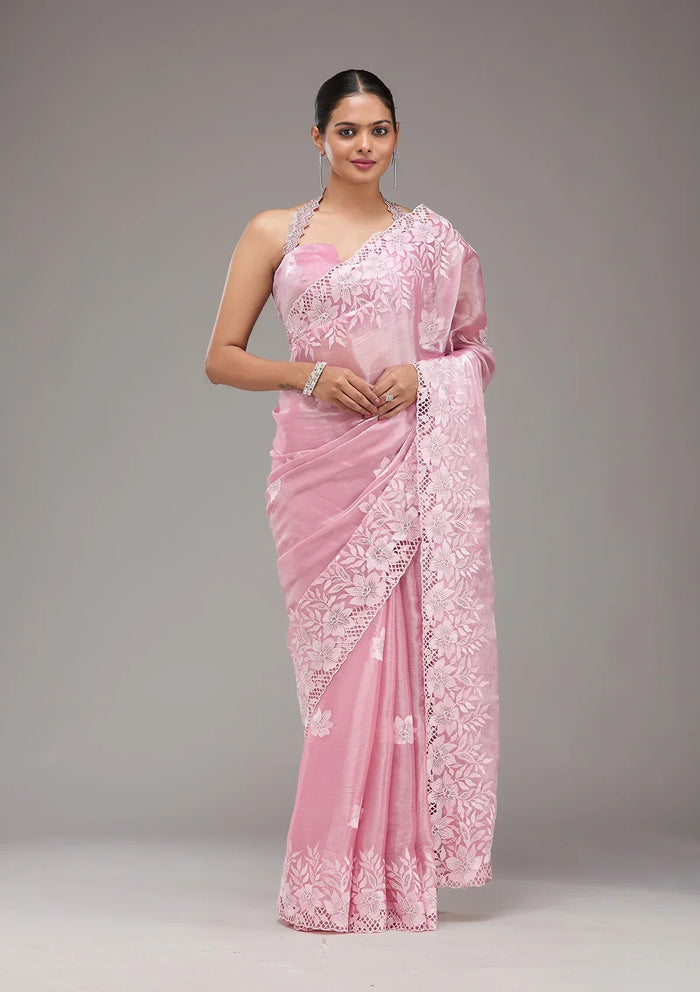 Fashion Cave Pink Stonework Tissue Saree